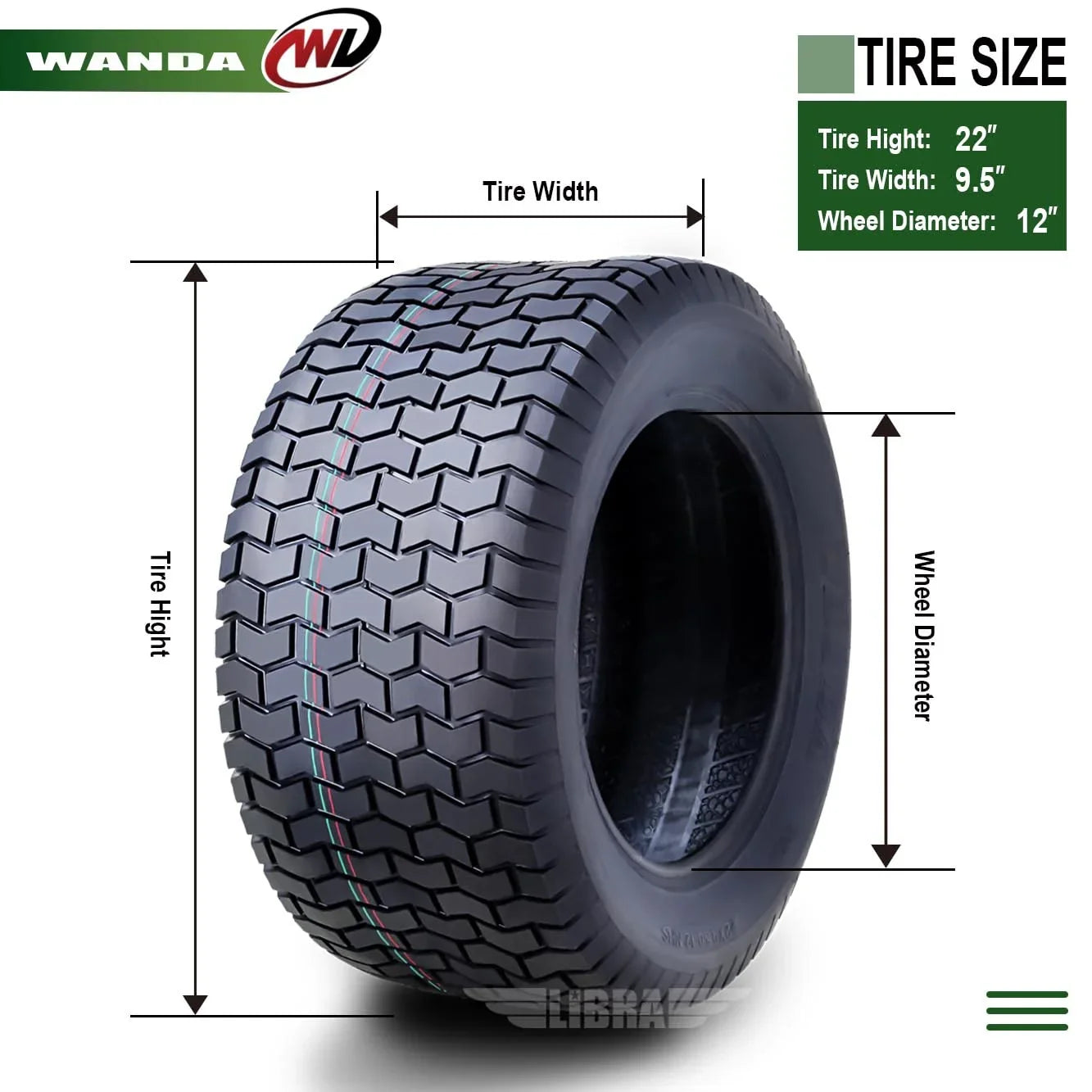 WANDA 22X9.5-12 Lawn Mower Tractor Cart Turf Tire 4 Ply 22x9.5x12-13135