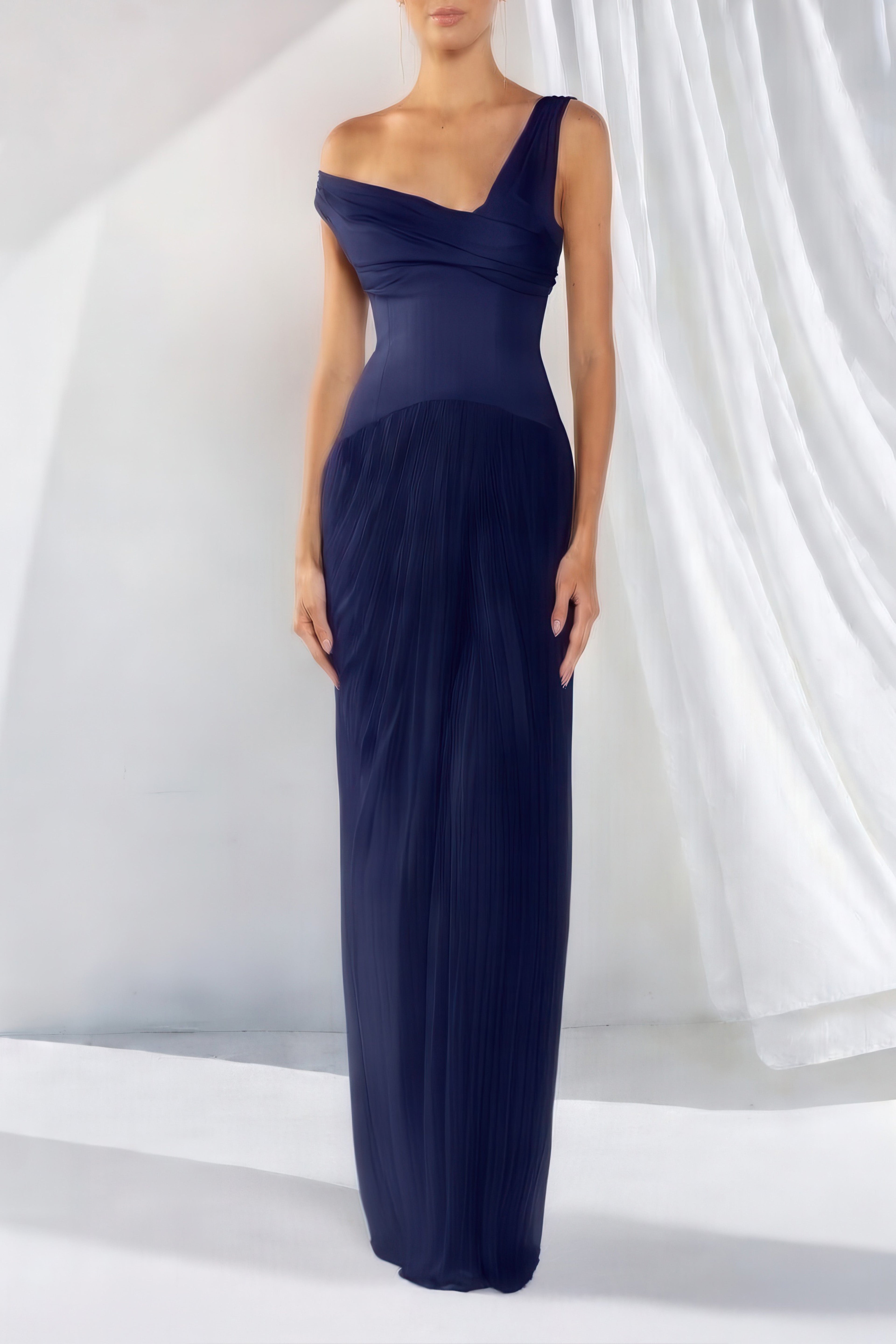 Sylara FloorLength Shirred Gown — Asymmetrical Draped Neckline & Corset