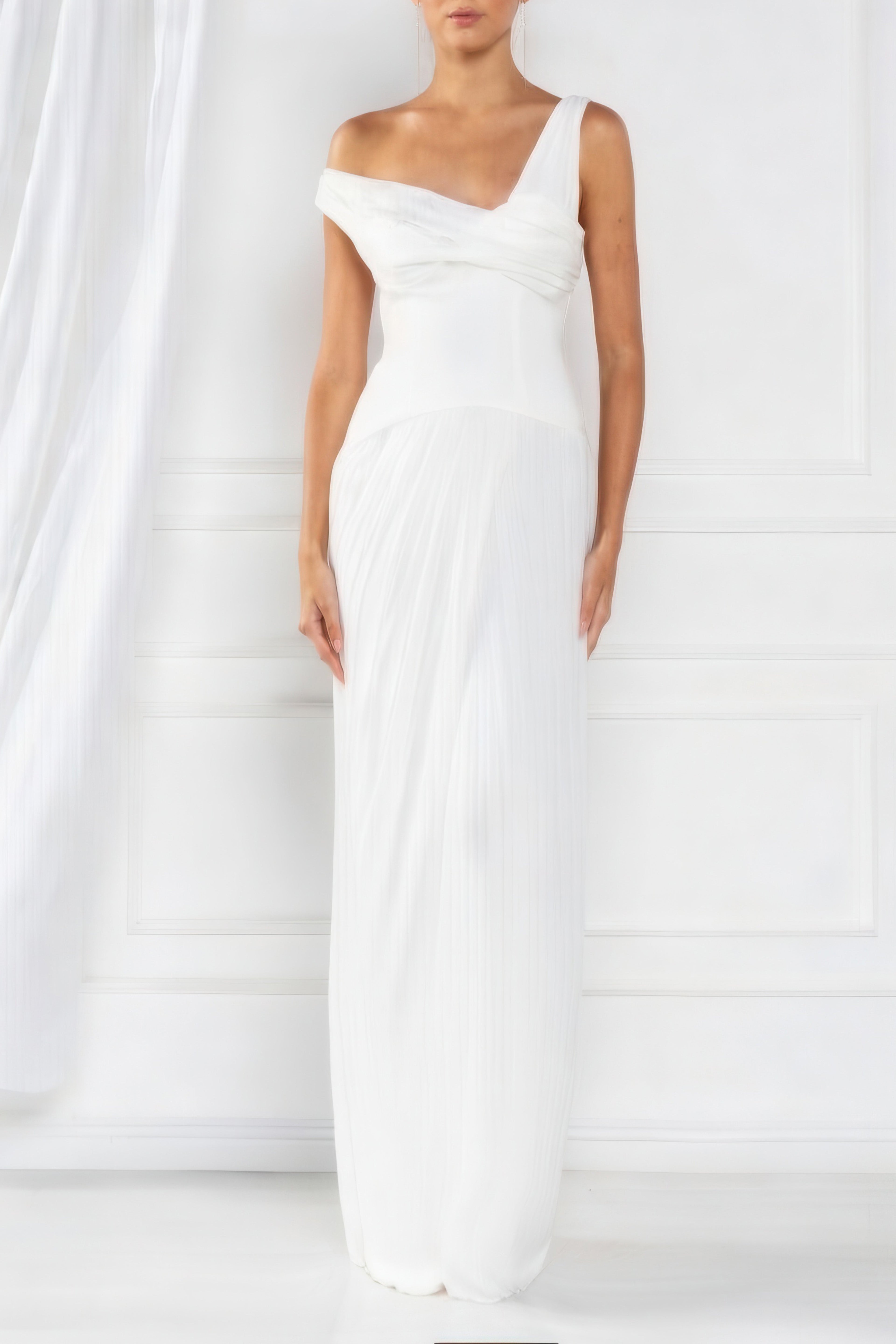 Length Asymmetrical Draped Gown — Corset-Inspired Bodice & Shirred Skirt