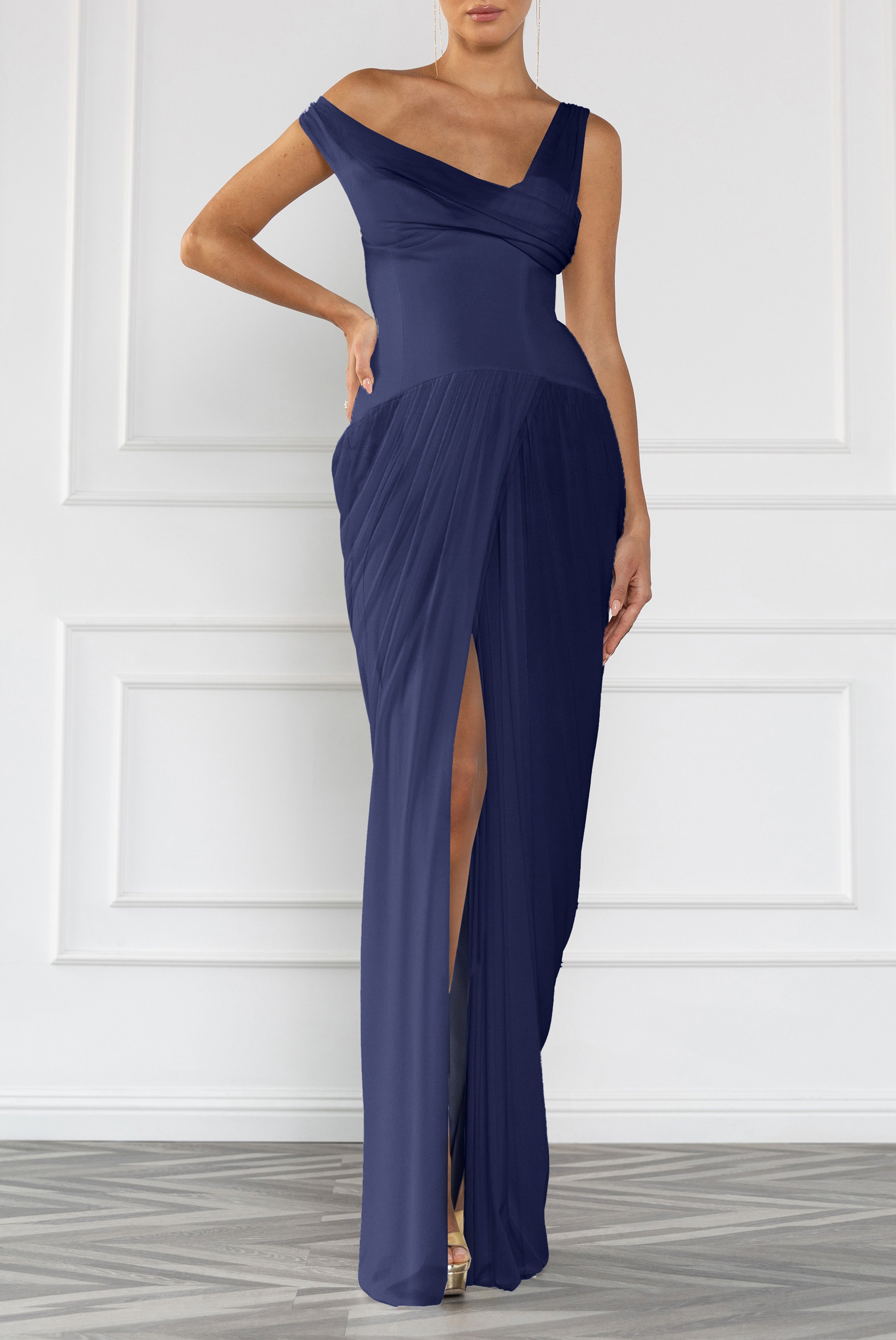 Length Asymmetrical Draped Gown — Corset-Inspired Bodice & Shirred Skirt
