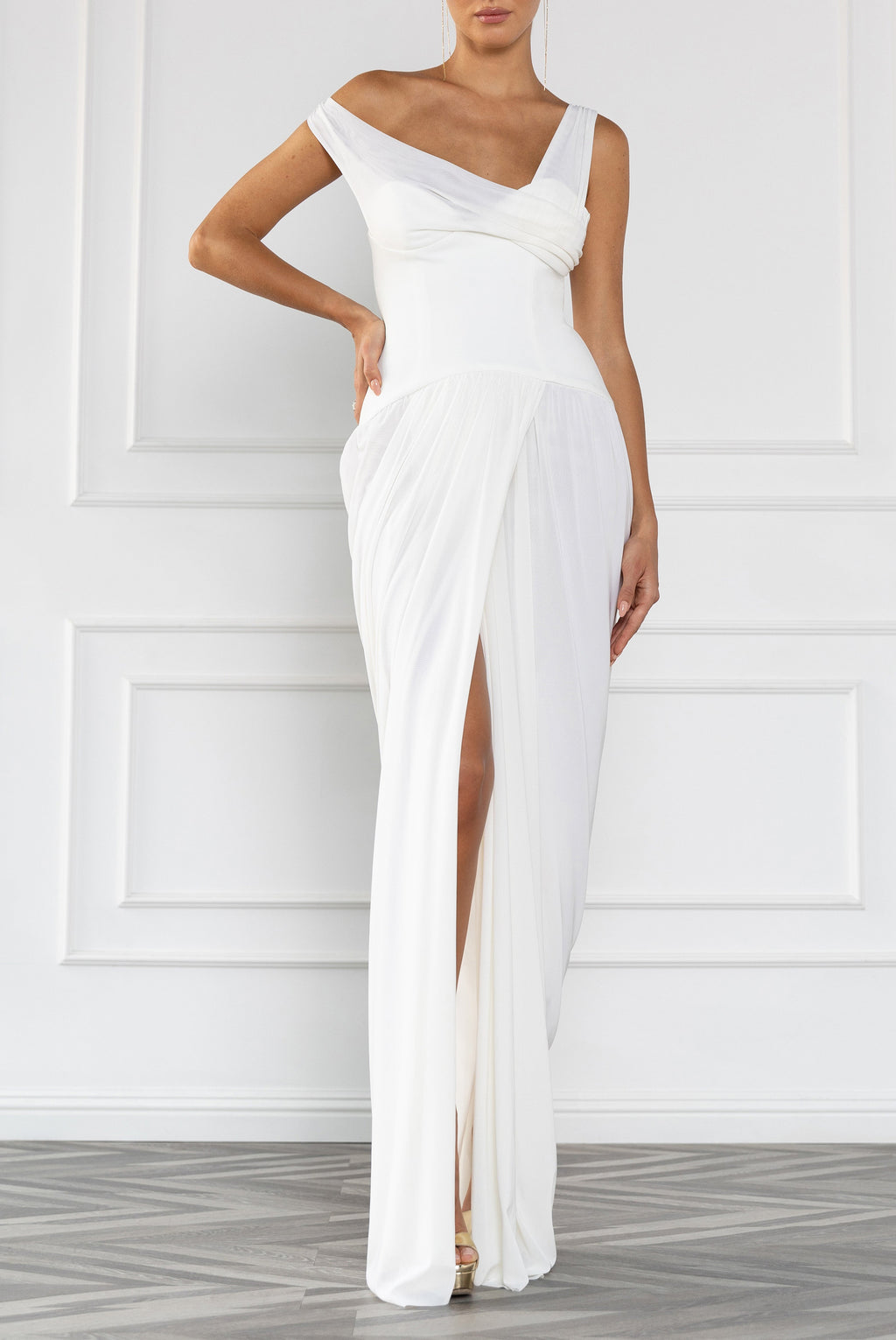 Sylara FloorLength Shirred Gown — Asymmetrical Draped Neckline & Corset