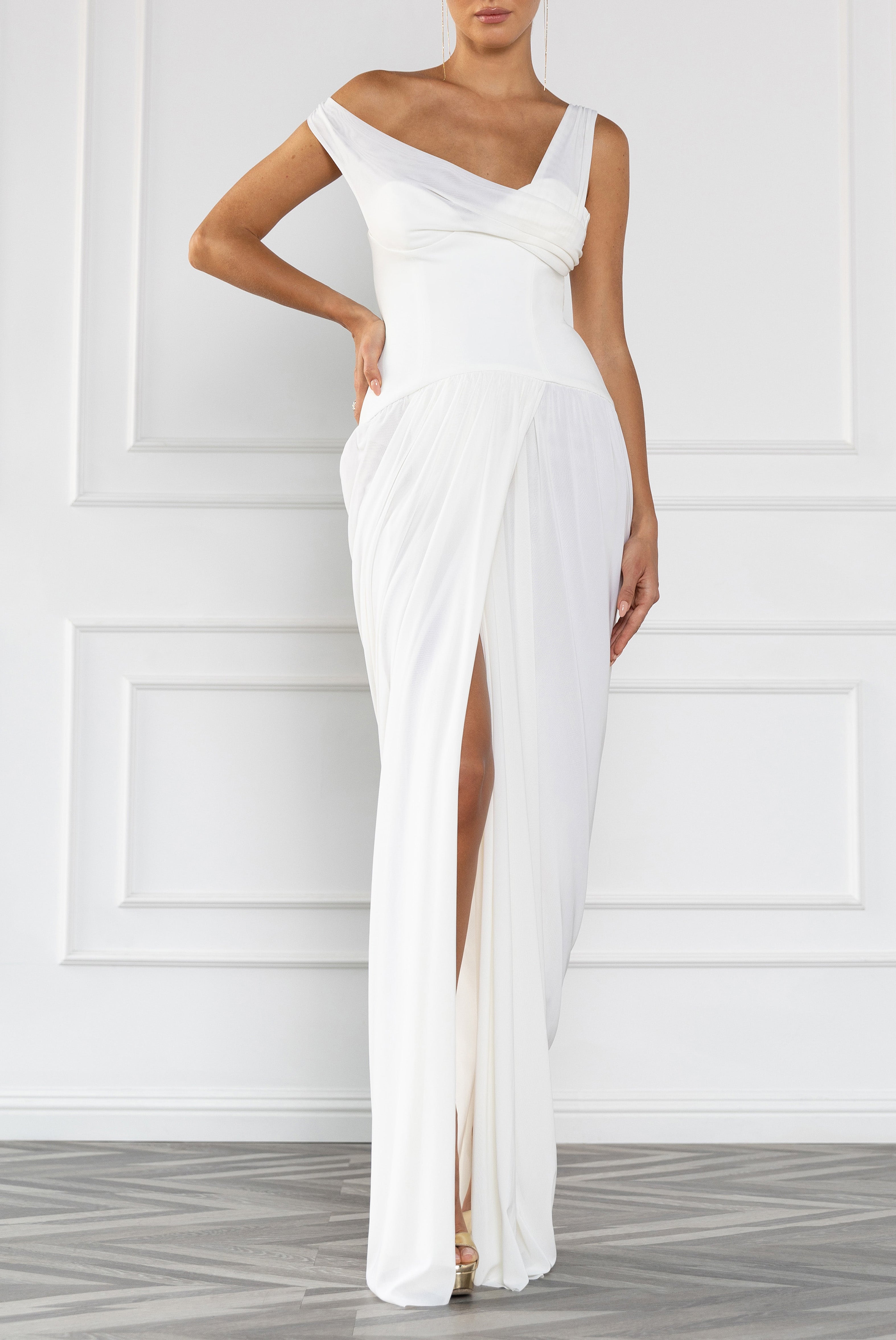 Sylara FloorLength Shirred Gown — Asymmetrical Draped Neckline & Corset