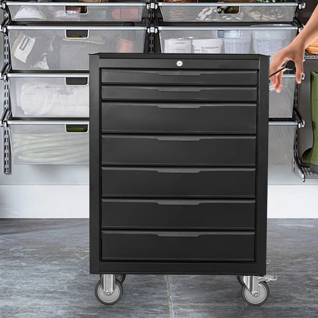 7-Drawer Rolling Tool Chest Cabinet, Large Capacity Metal Tool Box with Wheels and Cylinder Locking, Roll Around Storage Organizer Tool Cart for Garage, Warehouse, Work Shop - Black