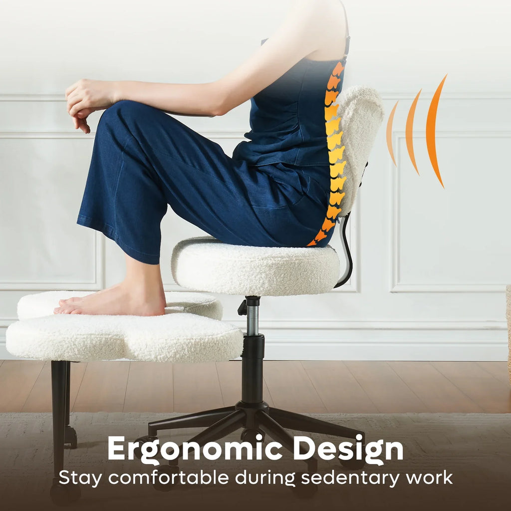 Pinmoco Ergonomic Cross Legged Swivel Chair, Adjustable Height and Teddy Fabric, Meditation& ADHD Chair with Back Support, Home and Office, Off White