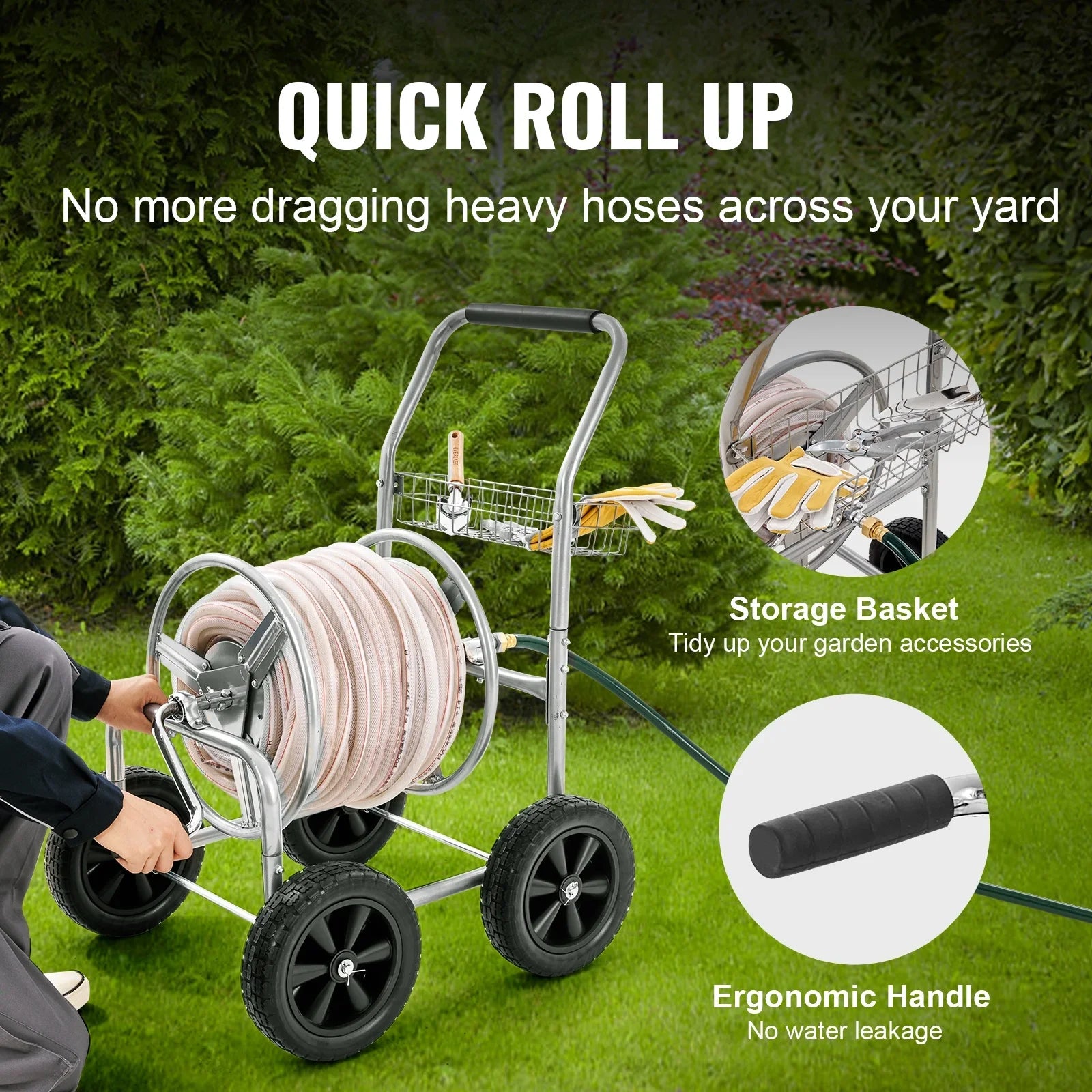 VEVOR Hose Reel Cart, Hold Up to 250 ft of 5/8???? Hose, Garden Water Hose Carts Mobile Tools with 4 Wheels, Heavy Duty Powder-coated Steel Outdoor Planting with Storage Basket, for Garden, Yard, Lawn