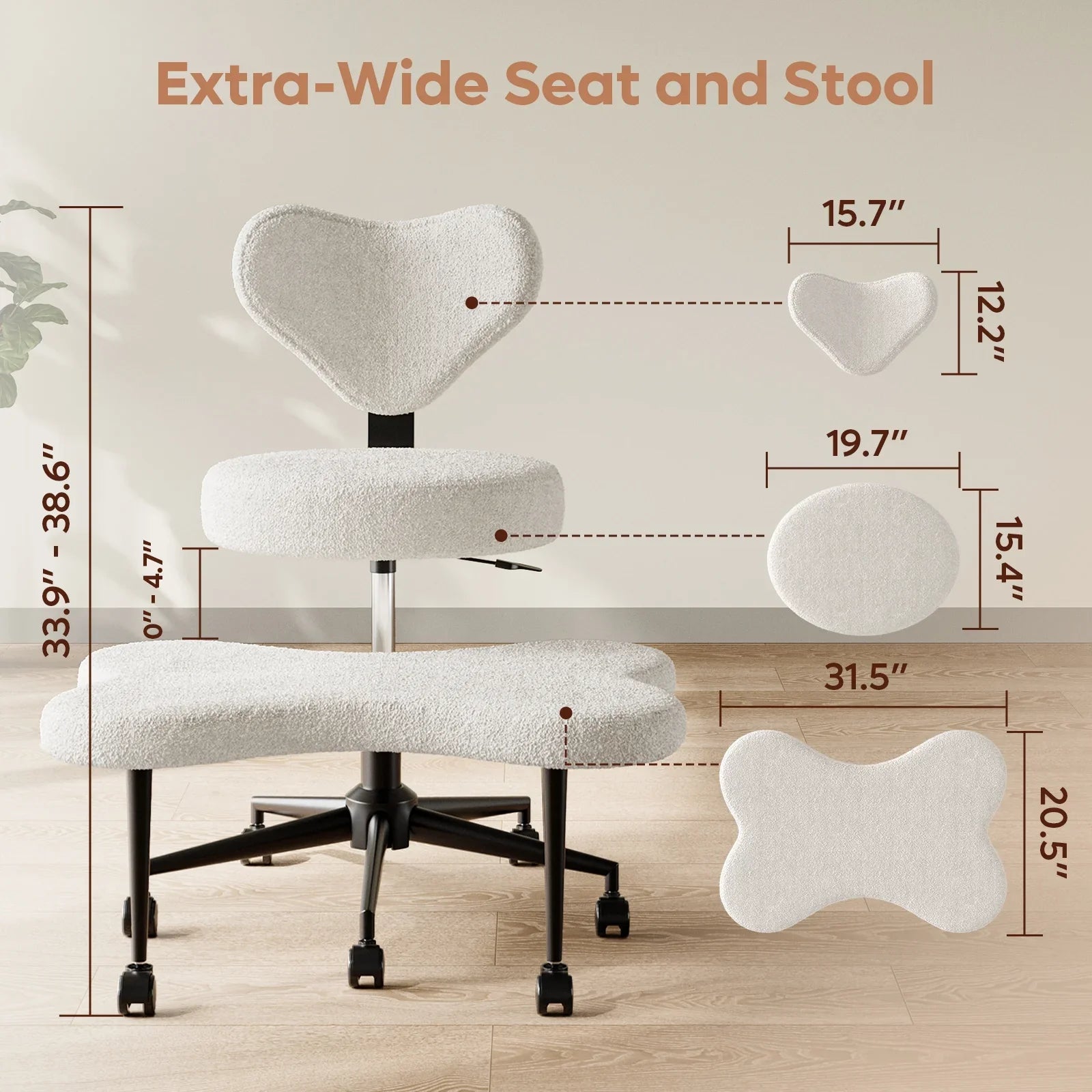 Pinmoco Ergonomic Cross Legged Swivel Chair, Adjustable Height and Teddy Fabric, Meditation& ADHD Chair with Back Support, Home and Office, Off White
