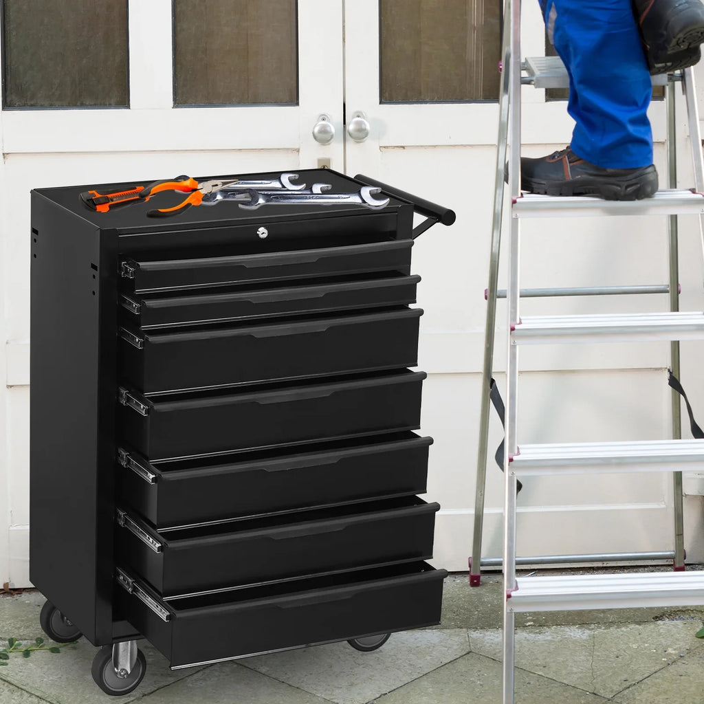 7-Drawer Rolling Tool Chest Cabinet, Large Capacity Metal Tool Box with Wheels and Cylinder Locking, Roll Around Storage Organizer Tool Cart for Garage, Warehouse, Work Shop - Black