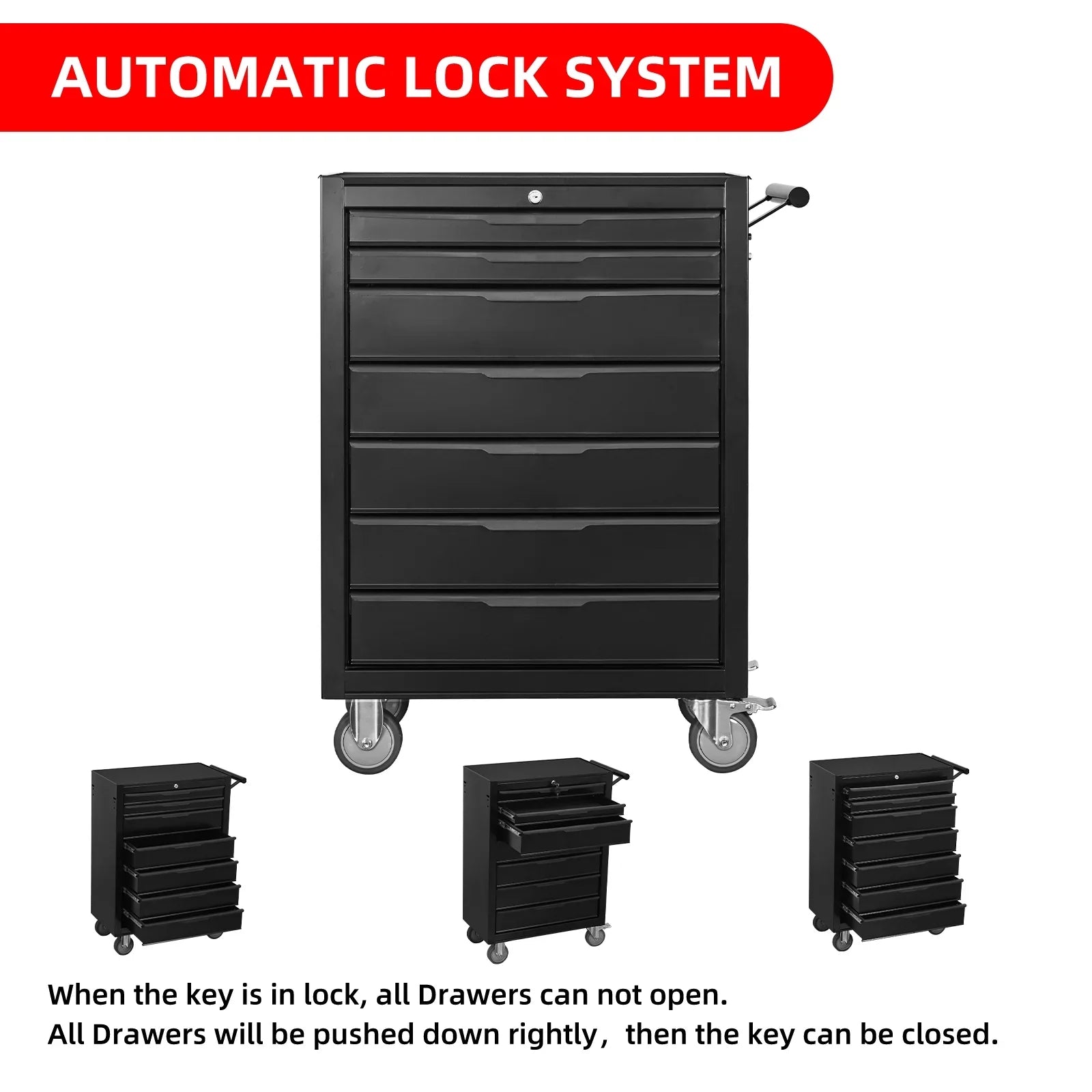 7-Drawer Rolling Tool Chest Cabinet, Large Capacity Metal Tool Box with Wheels and Cylinder Locking, Roll Around Storage Organizer Tool Cart for Garage, Warehouse, Work Shop - Black