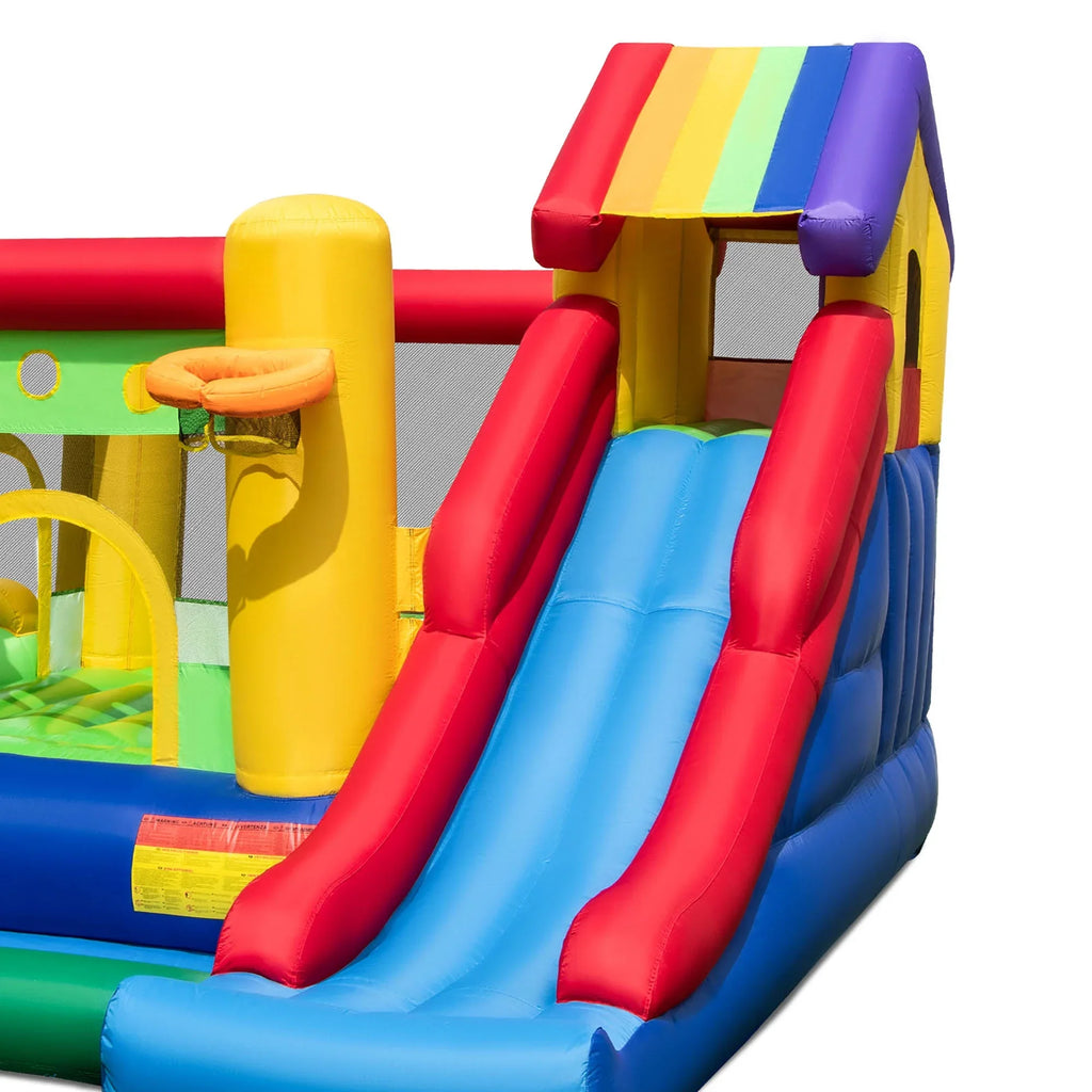 Costway Colorful Rainbow Kids Inflatable Bounce Castle with 50 Ocean Balls & 735W Blower