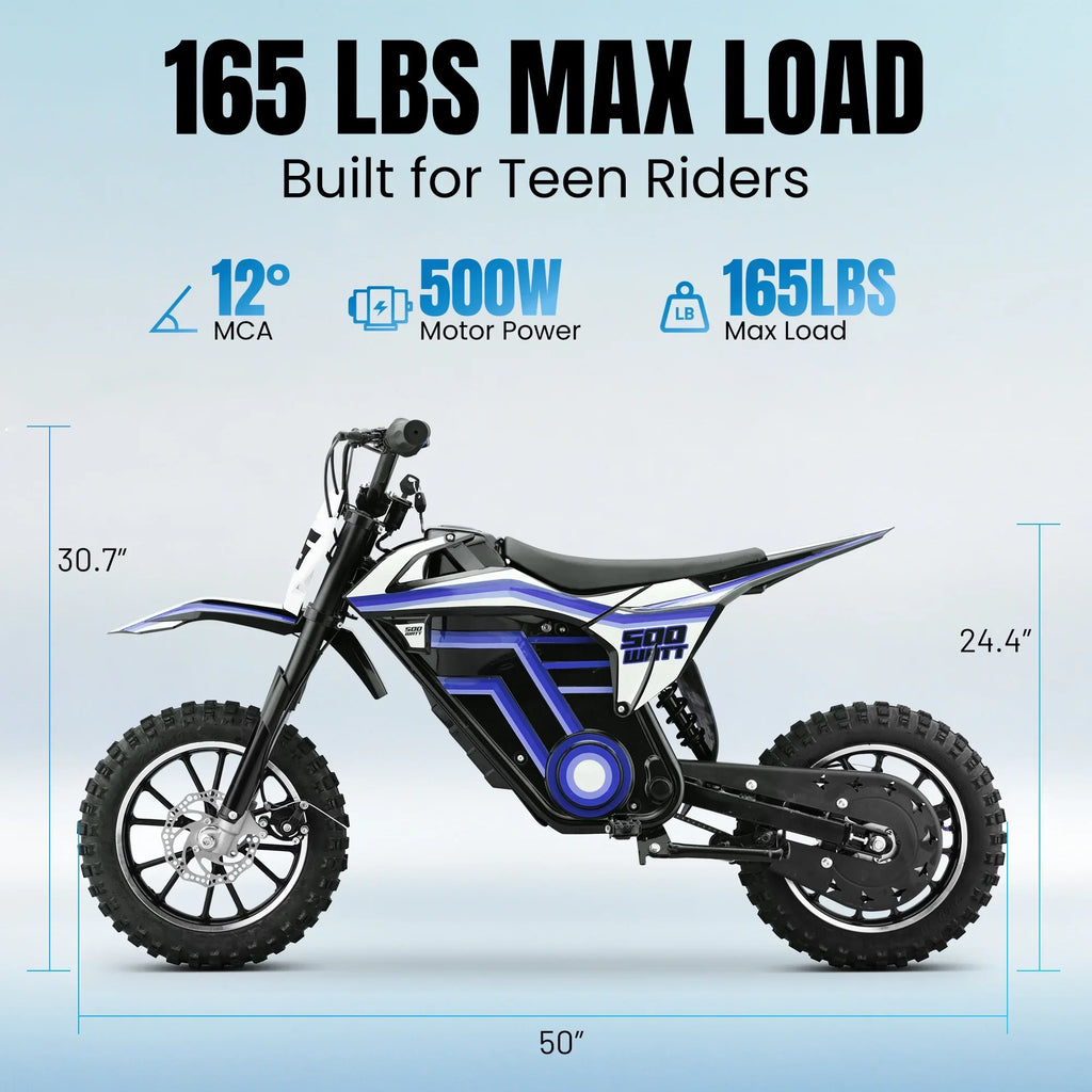 QEASET electric dirt bike, 500W kids dirt bike for Boys Girls Age 8-14, Blue