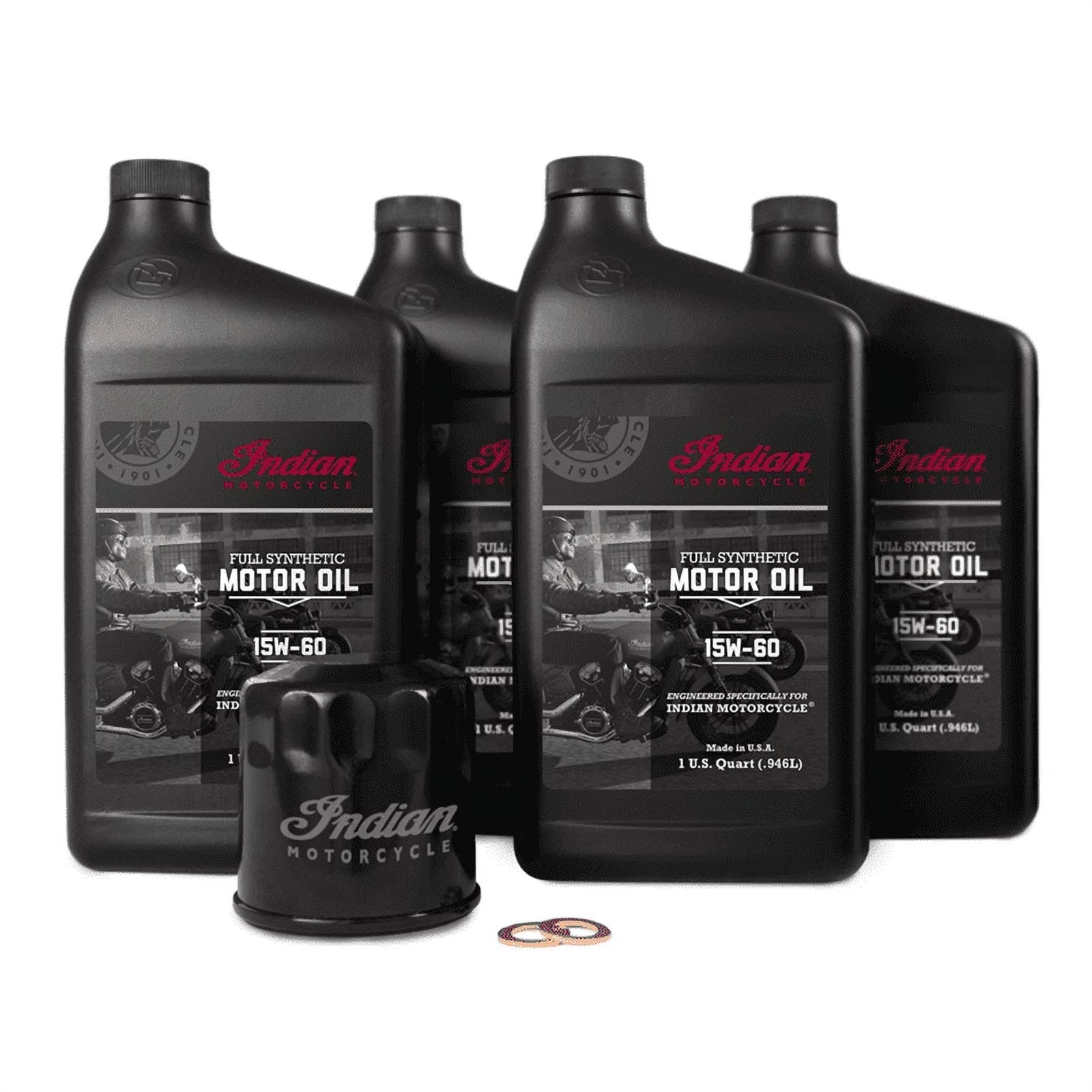 Indian Motorcycle Scout Oil Change Kit with Full Synthetic 15W-60 Motor Oil, 4 Quarts, 2 Washers