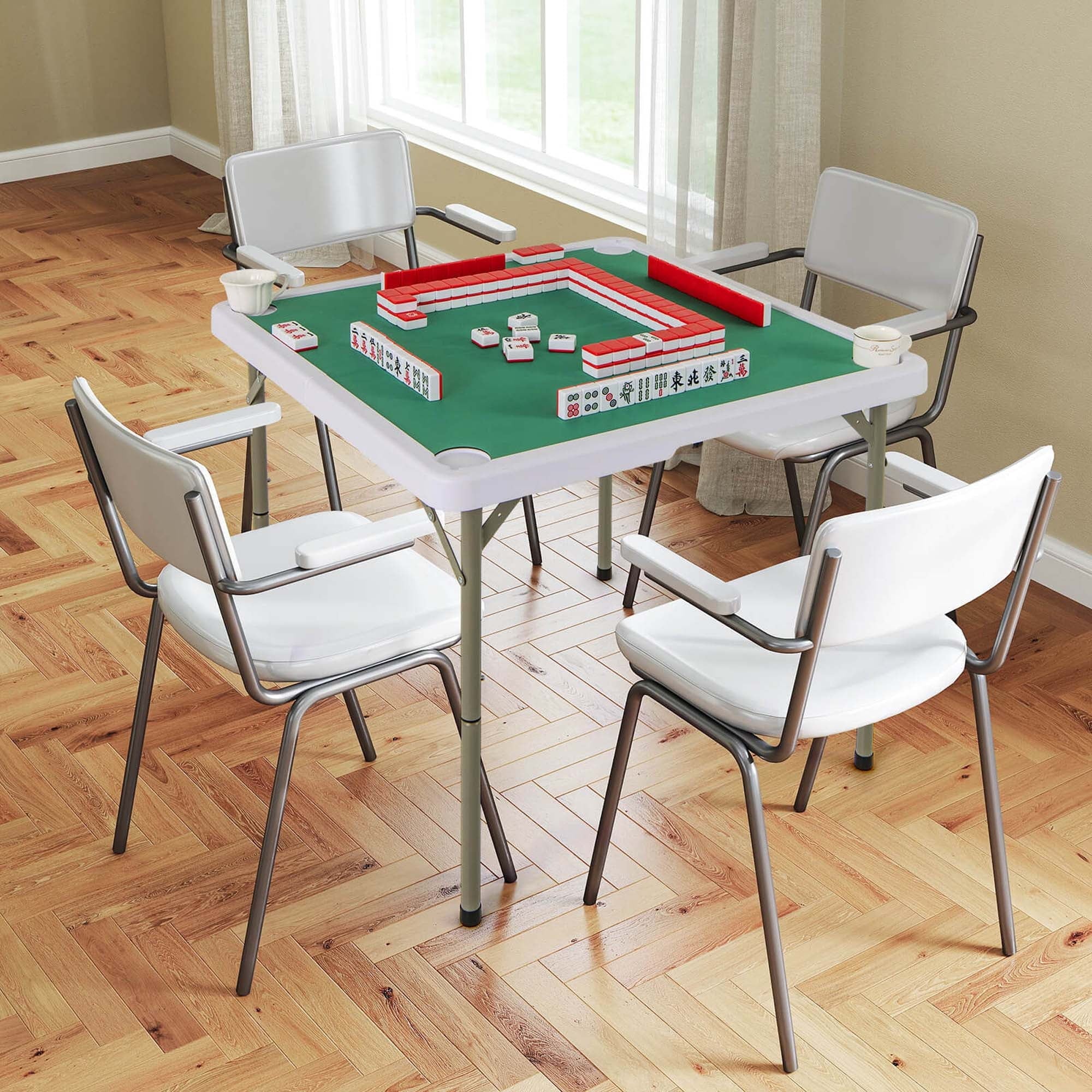 Costway 35" Folding Mahjong Table with Cup Holders & Smooth Felt Mat Carrying Handle Green