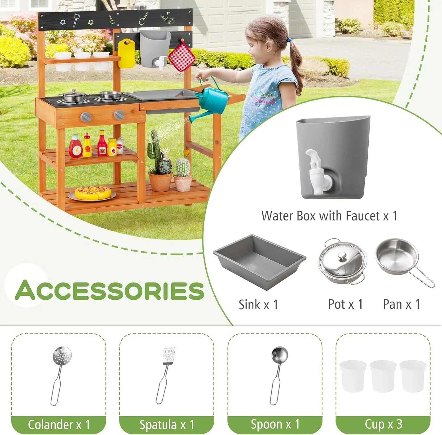 OLAKIDS Mud Kitchen, Outdoor Play Kitchen with Wheels 3 Cups Removable Sink Cooking Accessories Wooden Kids Kitchen Playset Backyard Garden Toys Gift for Boys Girls Ages 3+