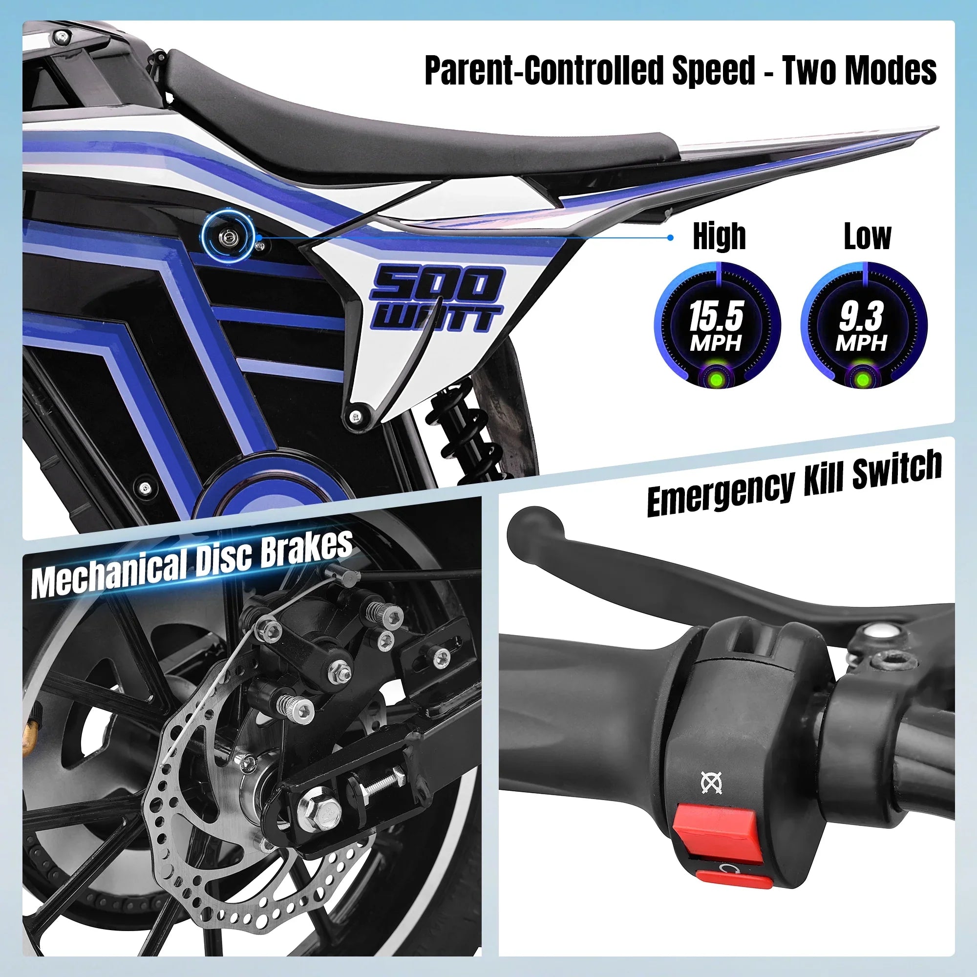 QEASET electric dirt bike, 500W kids dirt bike for Boys Girls Age 8-14, Blue