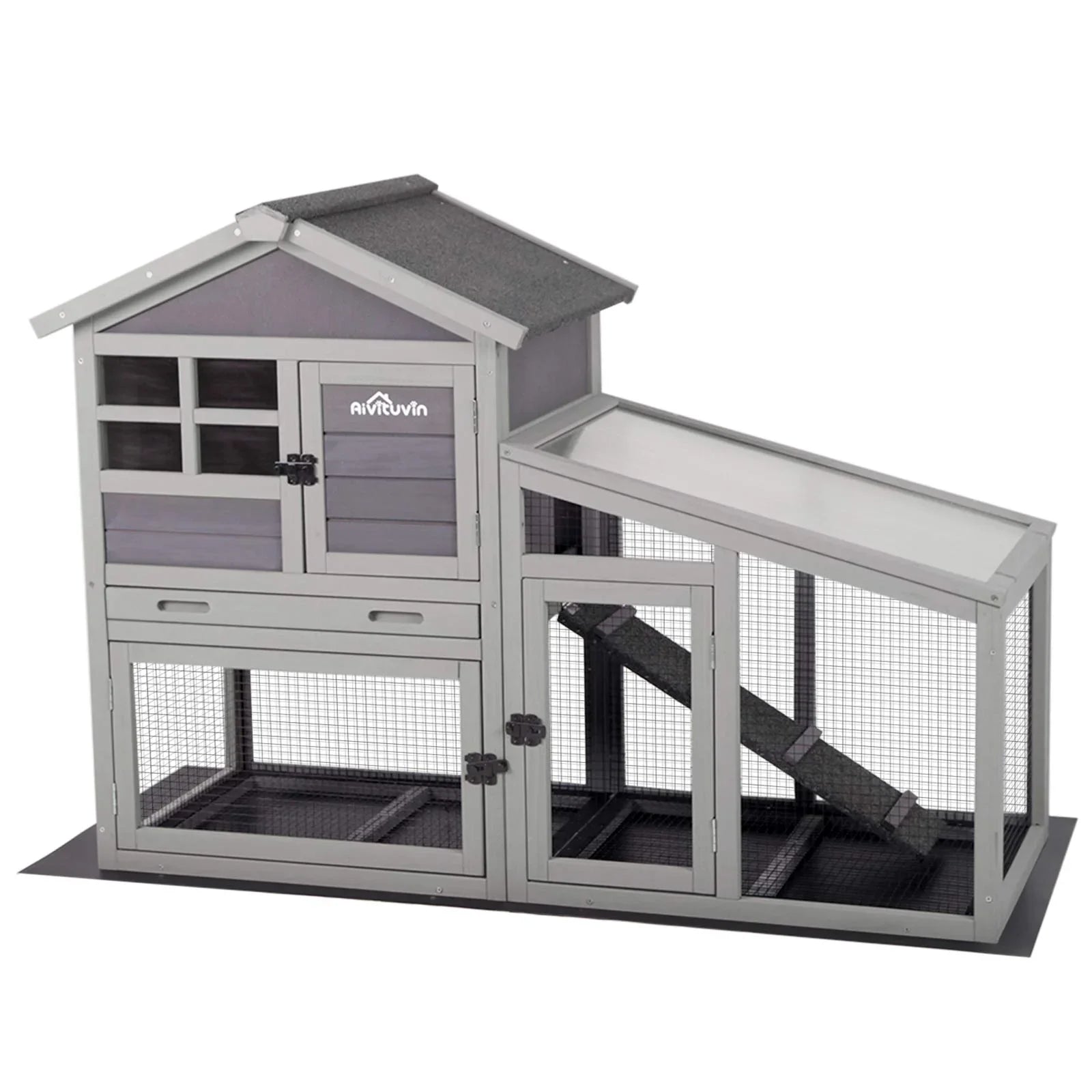 Aivituvin Rabbit Hutch Outdoor Indoor Bunny Cage with Pull Out Tray, Upgraded Chicken Coop with Removable Wire Mesh Bottom, Gray