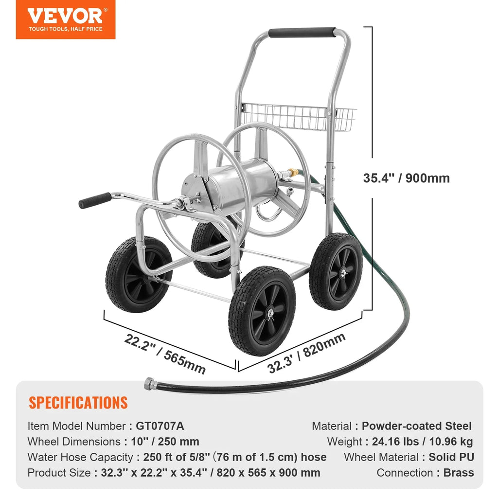 VEVOR Hose Reel Cart, Hold Up to 250 ft of 5/8???? Hose, Garden Water Hose Carts Mobile Tools with 4 Wheels, Heavy Duty Powder-coated Steel Outdoor Planting with Storage Basket, for Garden, Yard, Lawn