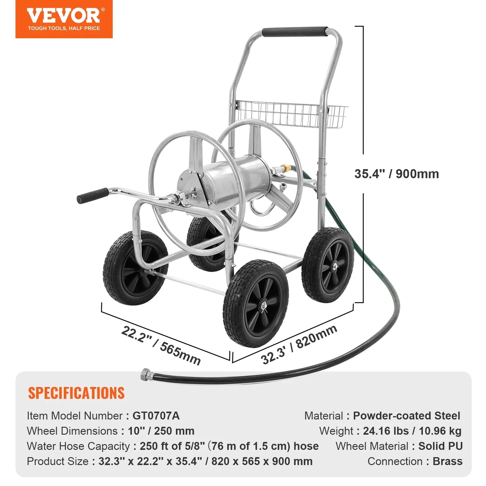 VEVOR Hose Reel Cart, Hold Up to 250 ft of 5/8???? Hose, Garden Water Hose Carts Mobile Tools with 4 Wheels, Heavy Duty Powder-coated Steel Outdoor Planting with Storage Basket, for Garden, Yard, Lawn