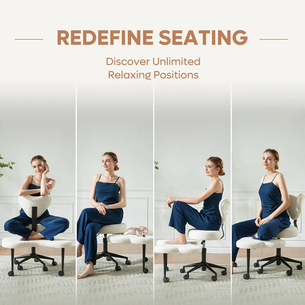Pinmoco Ergonomic Cross Legged Swivel Chair, Adjustable Height and Teddy Fabric, Meditation& ADHD Chair with Back Support, Home and Office, Off White
