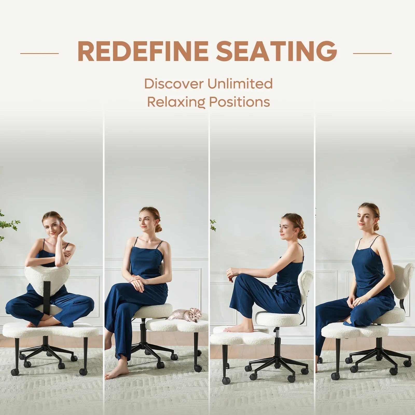 Pinmoco Ergonomic Cross Legged Swivel Chair, Adjustable Height and Teddy Fabric, Meditation& ADHD Chair with Back Support, Home and Office, Off White