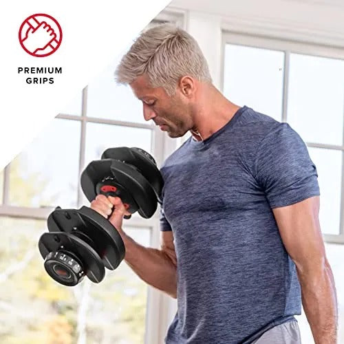 Bowflex SelectTech 552 Adjustable Dumbbells (pair), 2.3–23.8 kg, space-saving home fitness equipment