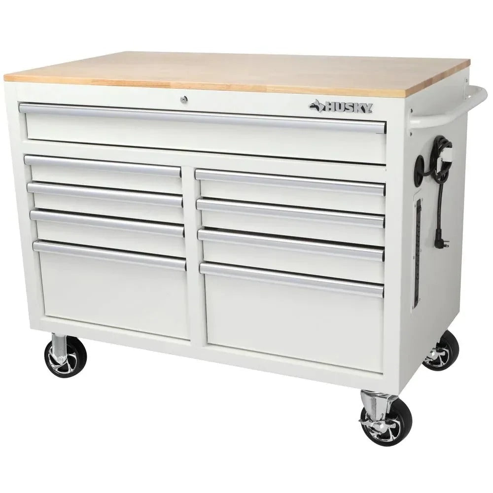 Mobile workbench with 9 drawers, hardwood top and power connection, 117 cm W x 62 cm D – high-gloss black