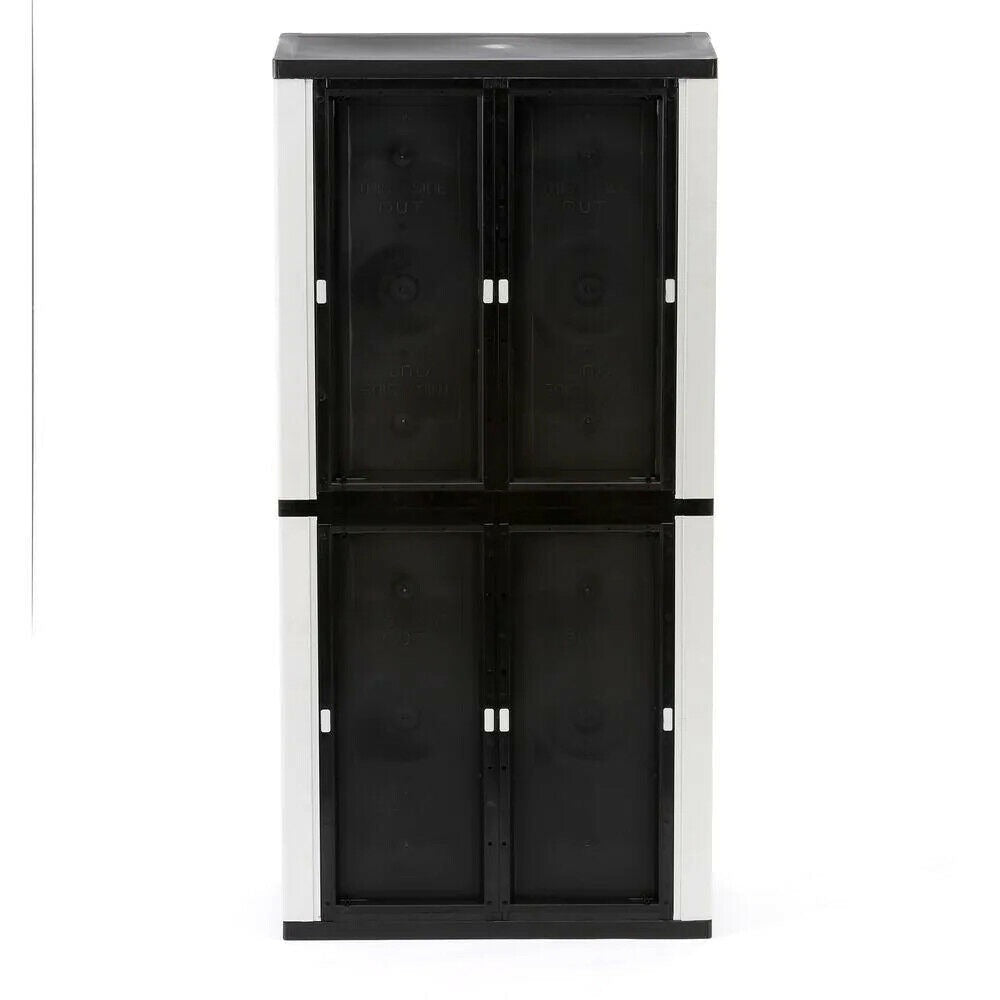 Freestanding garage cabinet made of grey plastic, model 2025, 89 cm W x 180 cm H x 46 cm D, with adjustable shelves and lockable doors.