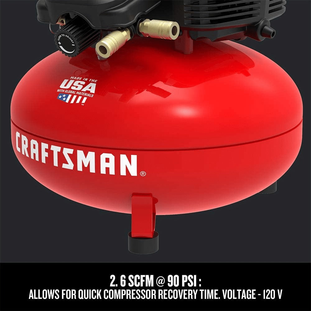 Craftsman 6-gallon pancake air compressor, oil-free, 150 PSI, portable with accessory kit