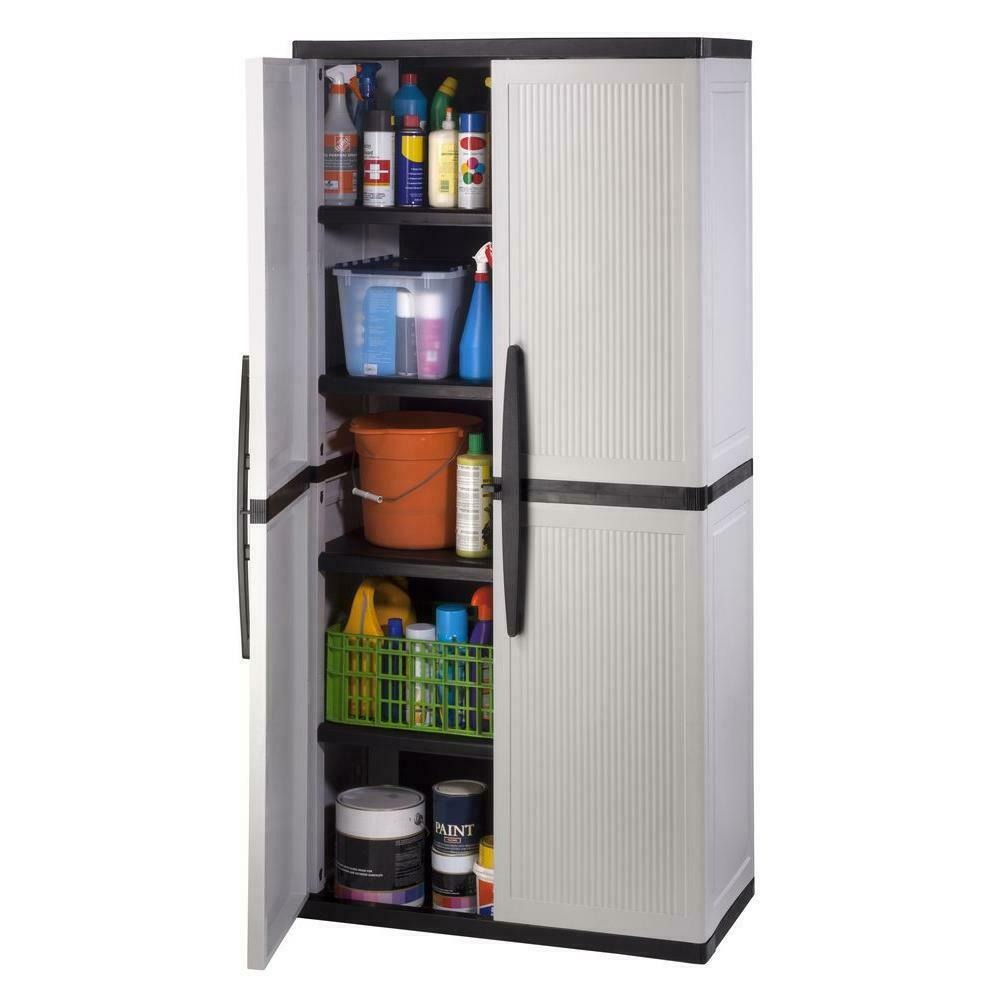 Freestanding garage cabinet made of grey plastic, model 2025, 89 cm W x 180 cm H x 46 cm D, with adjustable shelves and lockable doors.