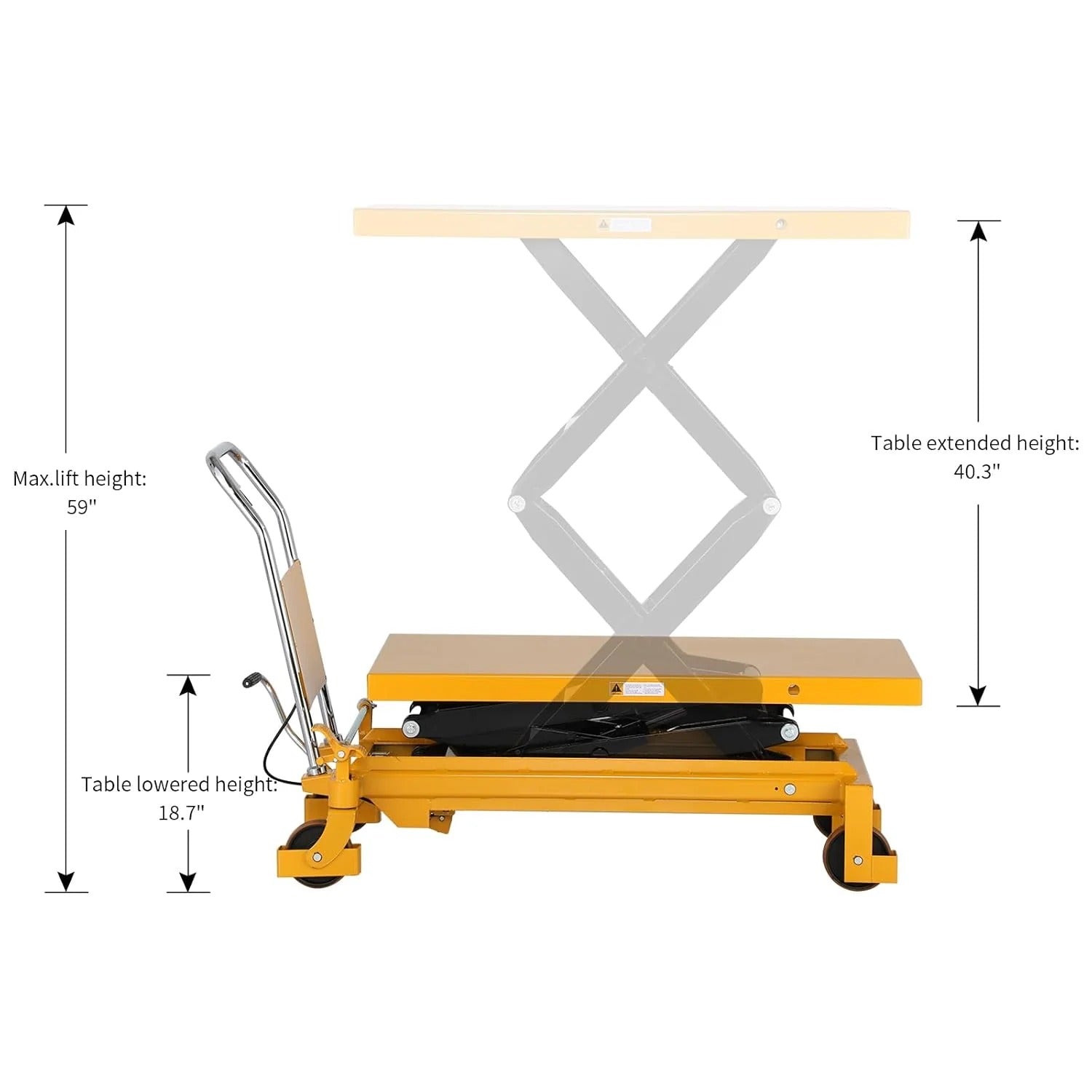 Hydraulic lifting table trolley – load capacity 350 kg, maximum height 130 cm, double scissor lift table with safety device and 4 wheels