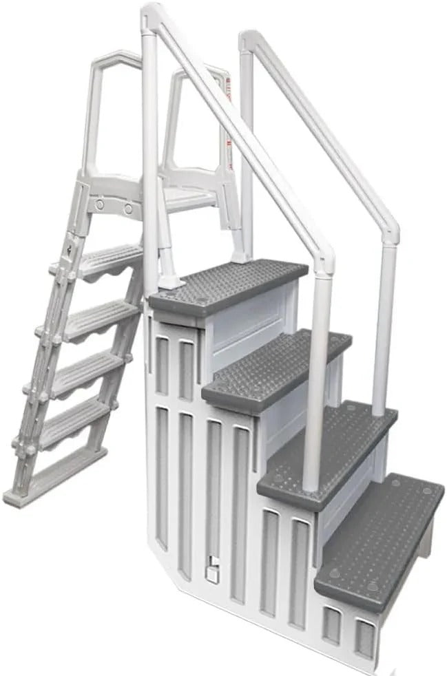Non-slip pool entrance steps | Gray | Suitable for above-ground pools | Can be installed on patios with a height of 122 to 137 cm | Maximum load capacity 136 kg