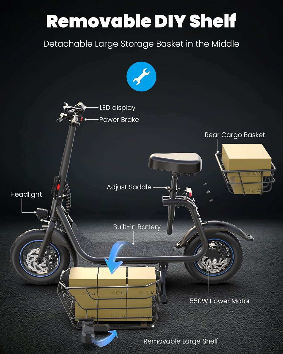 Electric scooter for adults with large center basket