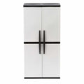 Freestanding garage cabinet made of grey plastic, model 2025, 89 cm W x 180 cm H x 46 cm D, with adjustable shelves and lockable doors.