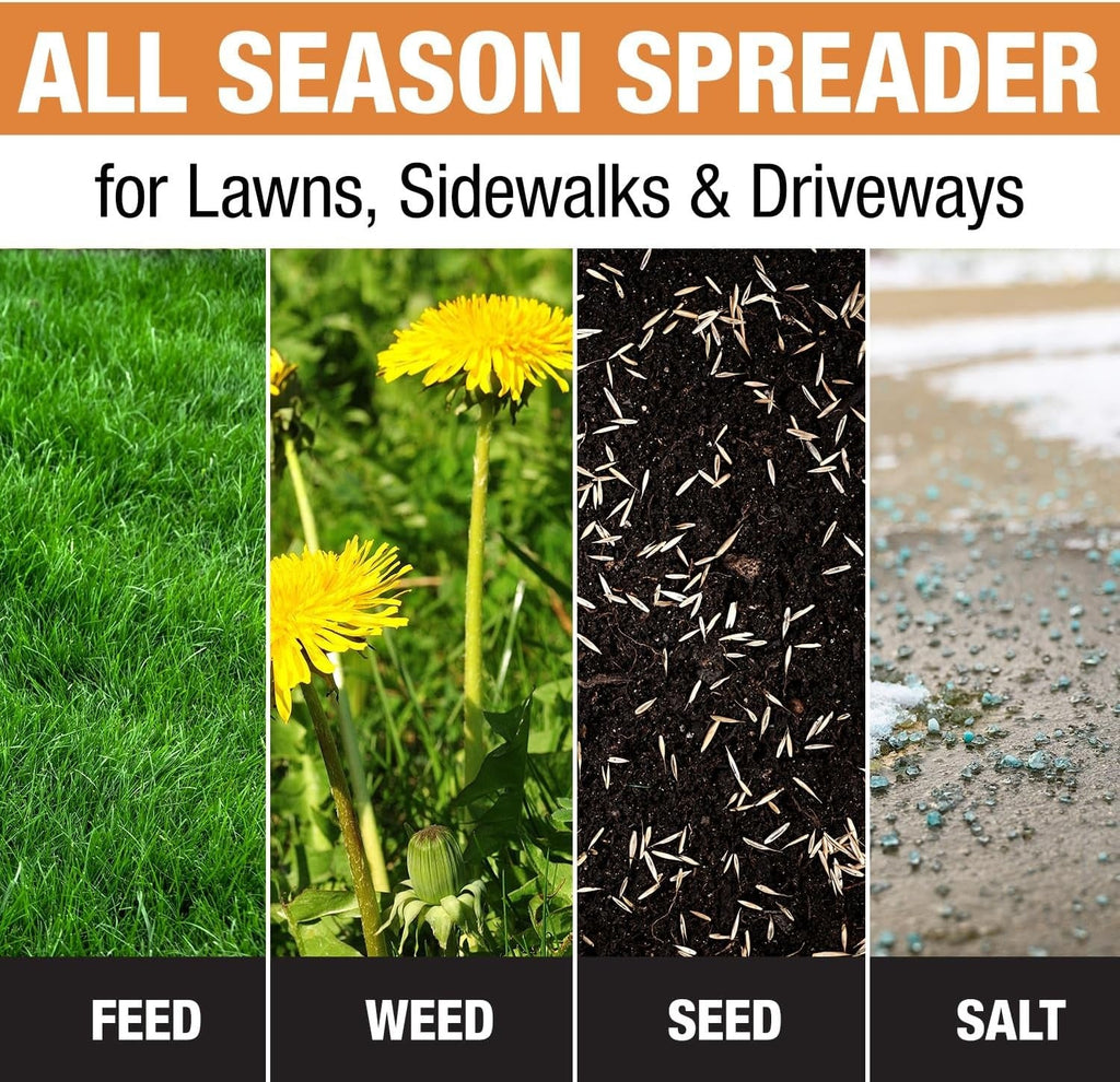 Multi-purpose push-along spreader, 100 lb capacity, versatile tool for lawn seed, salt, de-icer, fertilizer and seeds