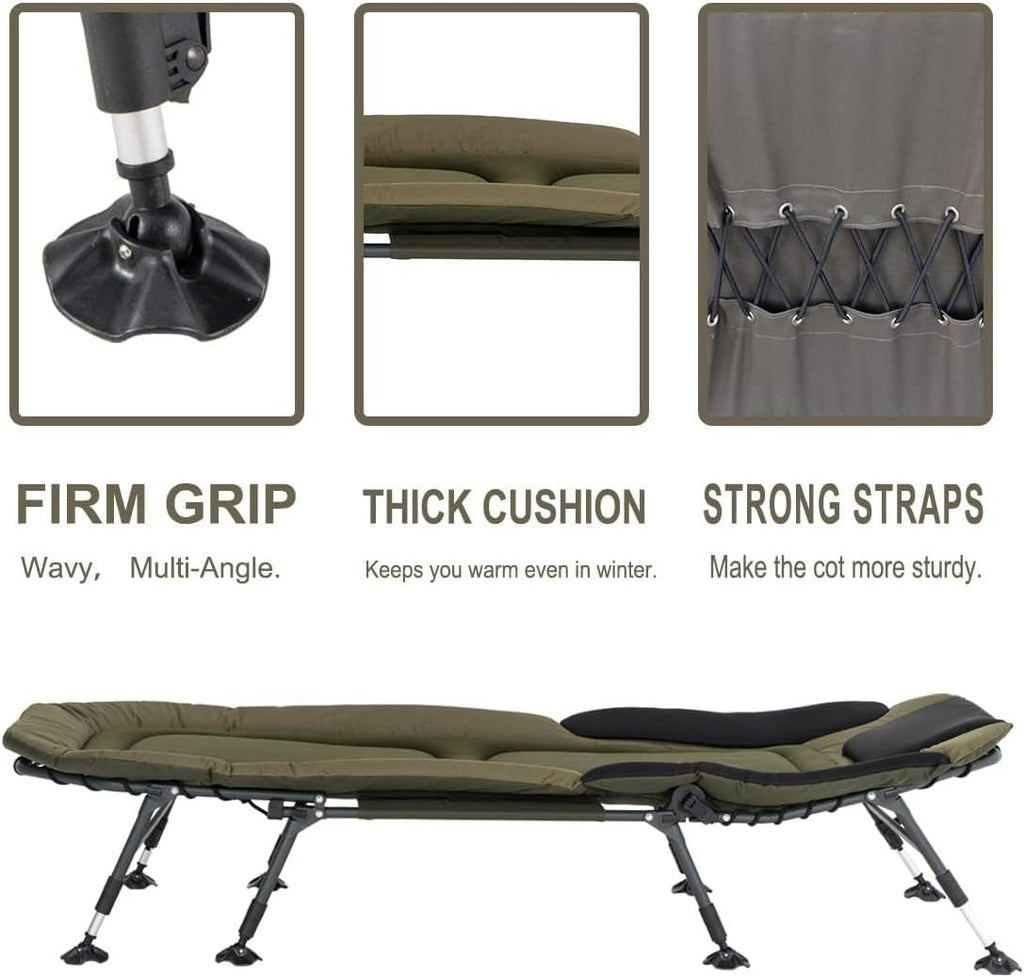 Camping Cots for Adults 330Lbs with Carry Bag, Heavy Duty Folding Bed with Soft Padded Cushion, Portable Military Cot for Hunting, 180° Adjustable Reclining Outdoor Lounger