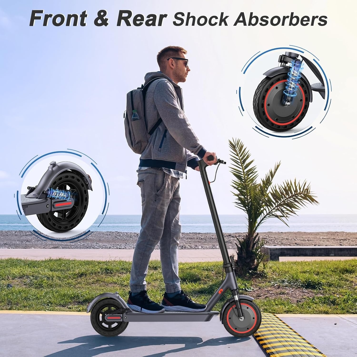 Electric scooter, 350W/500W powerful motor, 8.5"/10" solid rubber tires, 19/22 mph, 28/21/12 mile range, dual brakes