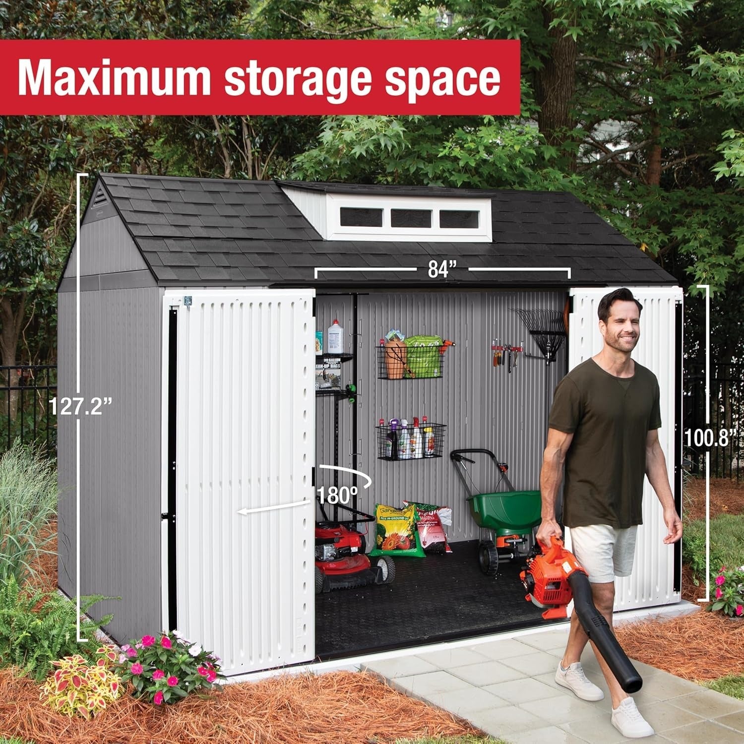 Rubbermaid resin garden shed with floor (2.13 x 2.13 m), weatherproof, grey, for storing garden tools, lawnmowers, bicycles and pool accessories